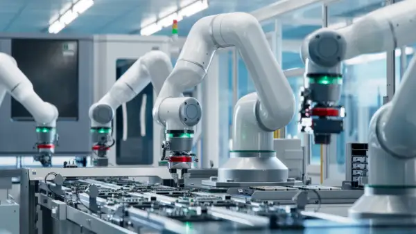 Roboty przemysłowe pracują nad płytkami drukowanymi. W tle widać zaawansowane **przetworniki pomiarowe**, kluczowe dla precyzyjnej produkcji.
