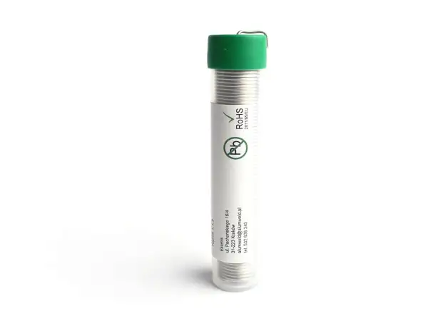 Cyna do lutowania elektroniki w tubce z zieloną zakrętką. Etykieta z oznaczeniem Pb i RoHS.