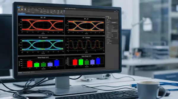 Analiza sygnału na monitorze, z wykresem SPI - HF i I2C - Standard, pokazująca parametry interfejsu.