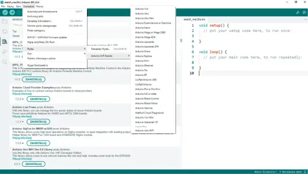 Wybór płytki Arduino Uno w Arduino IDE 2.0.4.