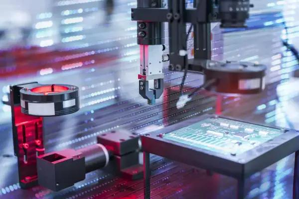 Automatyczny montaż elektroniki. Robot precyzyjnie umieszcza komponenty na płytce drukowanej. To pokazuje, jak działa kontaktron.