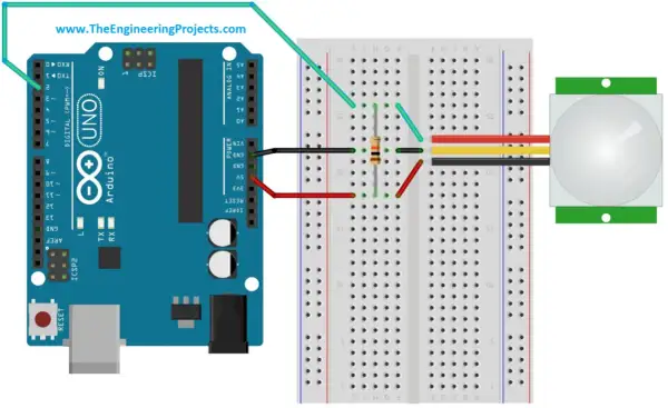 Połączenie Arduino z modułem PIR. Czujnik ruchu PIR podłączony do Arduino Uno przez płytkę stykową.
