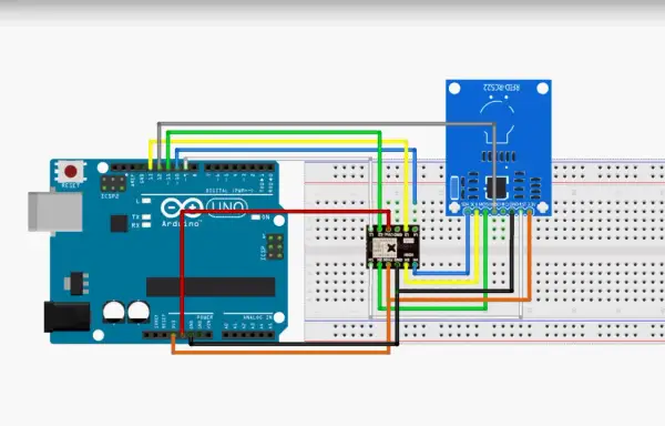 Połączenie Arduino z modułem RFID-RC522 przez konwerter poziomów logicznych.