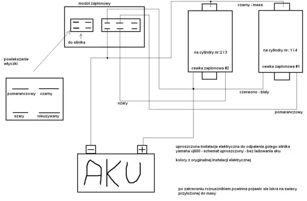 Schemat uproszczonego czujnik halla podłączenie dla Yamaha XJ600. Pokazuje moduł zapłonowy, cewki zapłonowe i akumulator.