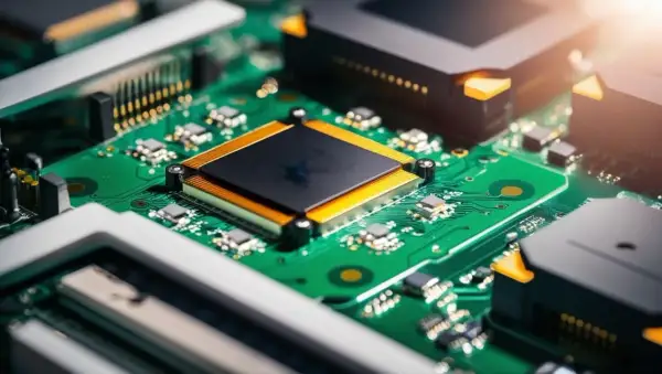 Zbliżenie na zieloną płytkę drukowaną z centralnym, czarnym procesorem otoczonym złotymi elementami. Widoczny montaż PCB z licznymi komponentami elektronicznymi.