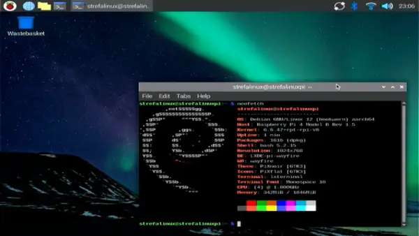 Na ekranie Raspberry Pi widać terminal z informacjami o systemie i uruchomionym programie neofetch. To idealne narzędzie do monitorowania postępów w raspberry pi programowanie.