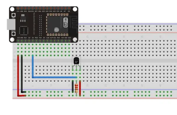Schemat podłączenia czujnika temperatury DS18B20 do ESP32 na płytce stykowej.