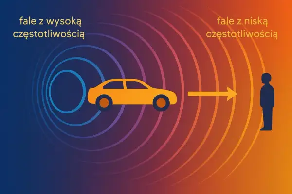 Ilustracja pokazuje efekt Dopplera: fale o wysokiej częstotliwości od zbliżającego się samochodu i fale o niskiej częstotliwości od oddalającego się.