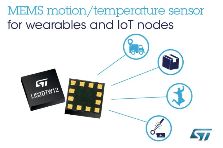 Akcelerometr MEMS LIS2DTW12 do urządzeń noszonych i IoT, wykrywa ruch (skok), temperaturę i lokalizację (ciężarówka, paczka).