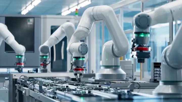 Roboty przemysłowe pracują nad płytkami drukowanymi. W tle widać zaawansowane **przetworniki pomiarowe**, kluczowe dla precyzyjnej produkcji.