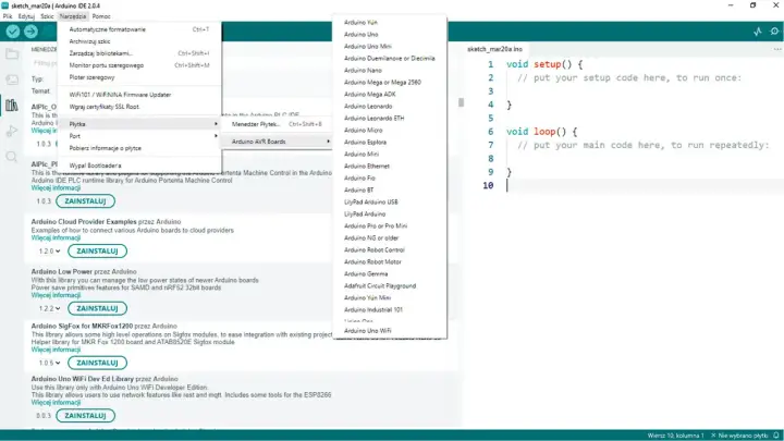 Wybór płytki Arduino Uno w Arduino IDE 2.0.4.